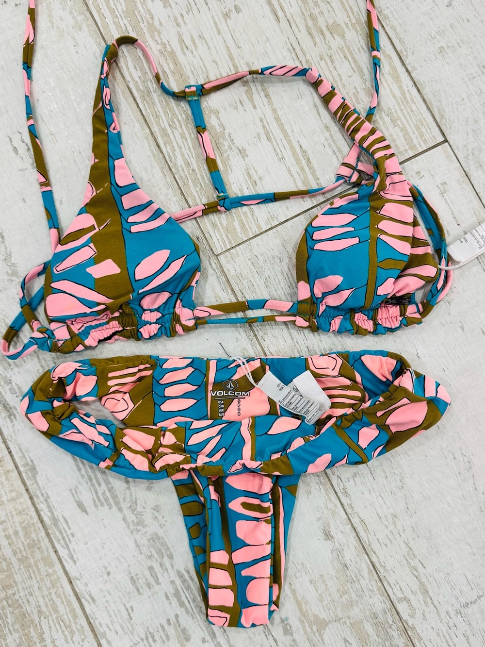 Volcom Turquoise Pink Olive Abstract Print Bikini